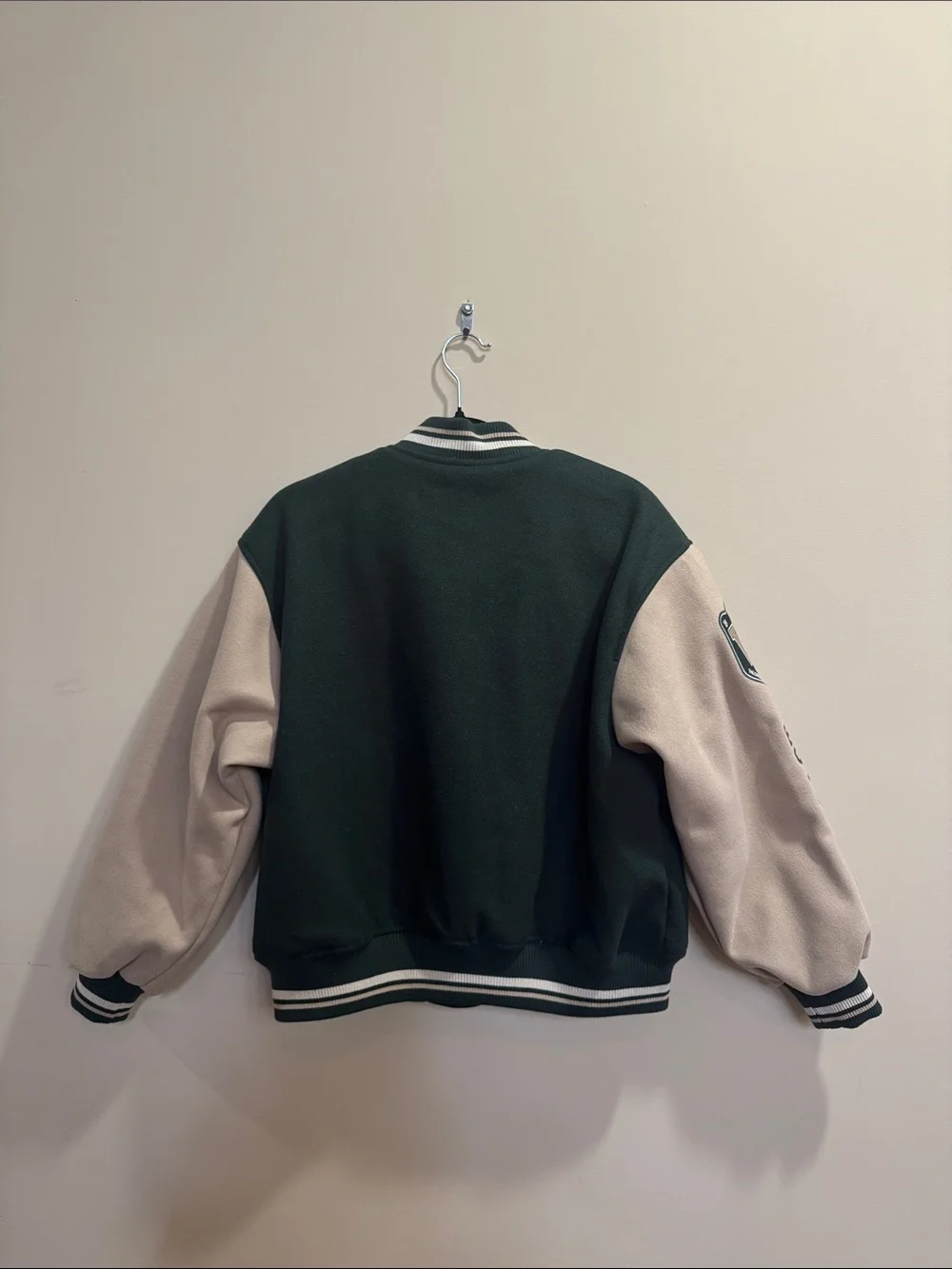 Pull&Bear Dark Green and Cream Kids Letterman Jacket with Gold 'C' Patch